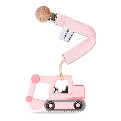 Image of AmazingM Baby Food Grade Silicone Car Teether Toy with Pacifier clip Holder,Teething Pain Relief Toys Gift Set for 3 Months+ Boys and Girls,Freezer Safe,BPA Free (Excavator, Pink)