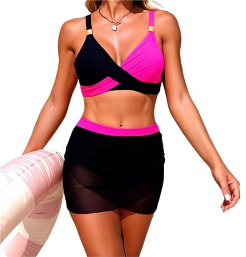 Maillot de bain deux pièces sportif femme noir L bikini taille haute avec jupe de plage