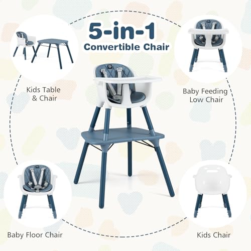 Image of BABY JOY High Chair, 5 in 1 Convertible Highchair for Babies & Toddlers | Booster Seat | Table and Chair Set | Infant Feeding Chair with Removable Tray, Safety Harness, Removable Cushion (Blue)