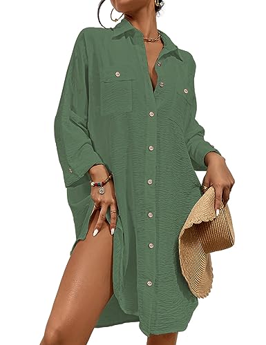 Image of Bsubsach Button Down Swimsuit for Women Sweatshirt Dress with Ruffled Sleeves Beach Shirt