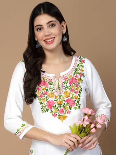 Image of QAZMI Women's Floral Aari Embroidered Viscose Rayon 3 /4 Sleeves Straight Kurta