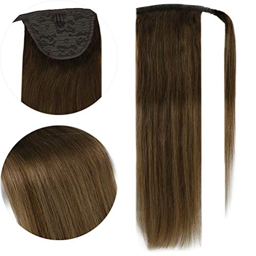 JoYoung Ponytail Extensions Human Hair 20 inch Dark Brown to Golden Brown Mix Golden Blonde Clip in Ponytail Hair Extensions Wrap Around Balayage Ponytail 80g