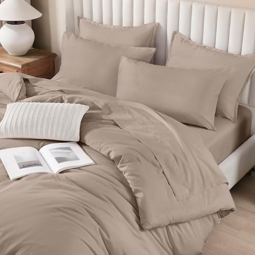 Image of Litanika Full Size Comforter Sets Light Coffee - 7 Pieces Bed in a Bag Beddding Sets, Solid Lightweight Bed Set with Comforter, Sheets, Pillowcases & Shams