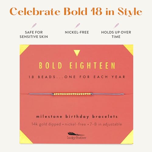Lucky Feather Milestone 18th Birthday Gifts For Women - 14K Gold Dipped Beads Bracelet on Adjustable 7”- 8” Cord - Bold 18 Year Old Gifts4