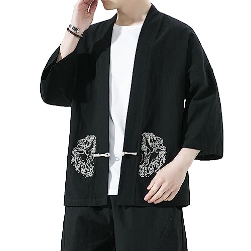 Image of Mens Kimono Cardigan Cotton Linen Japanese Shirt 3 /4 Sleeve Haori Yukata | Skin-Friendly Solid Color Lightweight Shawl Collar Kimono Robe Embroidery Button Tie Pockets Happi Coat All Season Daily Wear