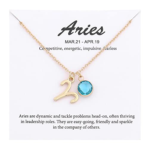 TGOLM 14k Gold Plated Aries Sign March Birthstone Created-aquamarine Crystal Necklace for Women Birthday Gift