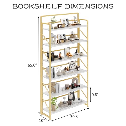 Image of JSB 6 Tier No Assembly Folding Bookshelf, 30.3 inch Wide Foldable Storage Bookcase for Home Office, Space-Saving Storage Shelf for Living Room (White&Gold)