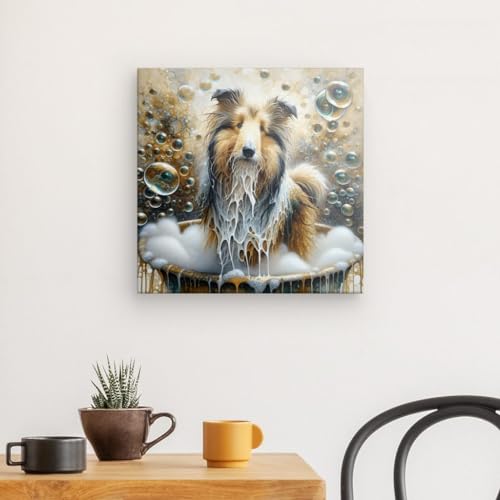 Chien dans le bain #3 impression sur toile deco humour pour salle de bain 40x40 cm