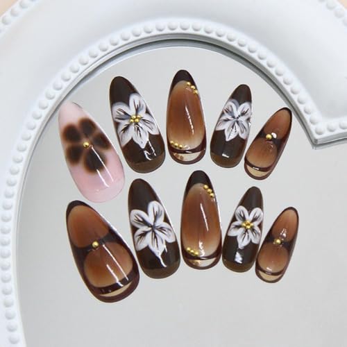 Image of Brown Press on Nails Flower Fake Nails with Leopard print Design French Tip Glue on Nails Medium Almond False Nails Glossy Full Cover Acrylic Ombre Stick on Nails for Women Manicure 24Pcs