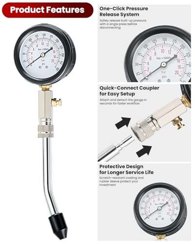 ATPEAM Kompressionsprüfer Set， Kompressionsmessgerät für Motor Kompression prüfen meßen Kfz, 0–20 Bar / 0–300 PSI, Kompressionstester mit 4 Adapter M10 M12 M14 M18 (Rot)