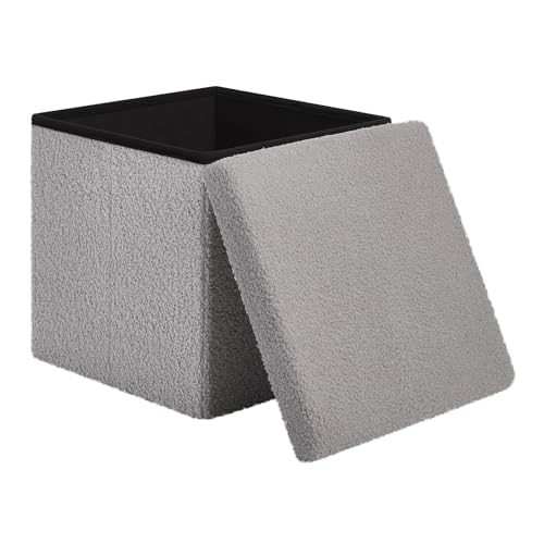 eSituro Puff Taburete para Almacenaje, Baúl Almacenamiento 38 L, Taburete Plegable Otomano Asiento, Reposapiés para Salón Cama y Sofa, de Forro Polar Gris Claro, 38x38cm