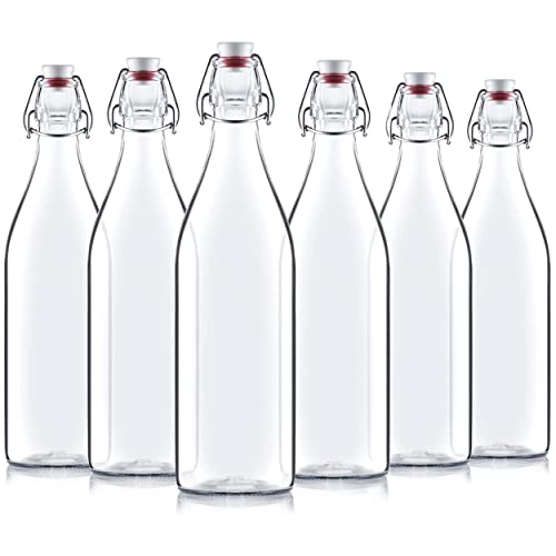 Bormioli Rocco Giara Swing Top Bottles 33 ¾ Ounce/1 Liter (6 Pack) Round Clear Glass Grolsch Flip Top Bottle With Stopper #TOP17