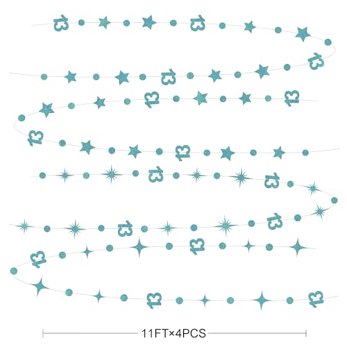 Image of Teal Blue 13th Birthday Decorations Number 13 Circle Dot Star Garland Glitter Streamer Banner Backdrop for Girls Boys Official Teenager Cheers to 13 Years Old Birthday 13th Anniversary Party Supplies