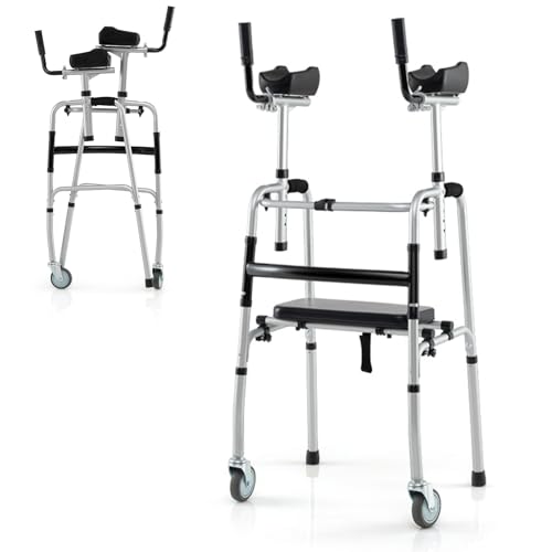 GYMAX Walking Frame, Folding Standard Walker with Wheels, Arm Supports and Soft Padded Seat, Height Adjustable Assisted Walking Aid (Silver + Black)