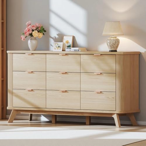 Image of HUAHUU Fluted 9 Drawers Dresser, 60 inch Mid Century Modern & Chests of Drawers, Curved Profile Design, Dresser TV Stand, for Entryway, Hallway, Bedroom, Oak