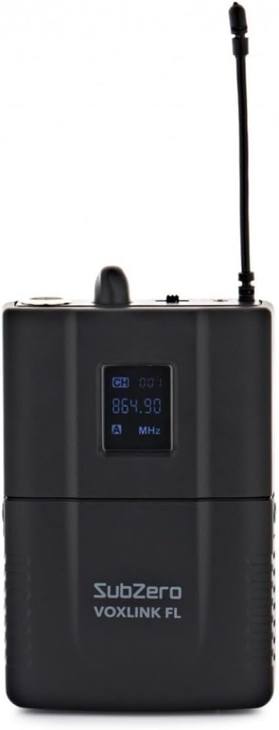 Front view of the SubZero bodypack transmitter showing the display screen with channel and frequency information.