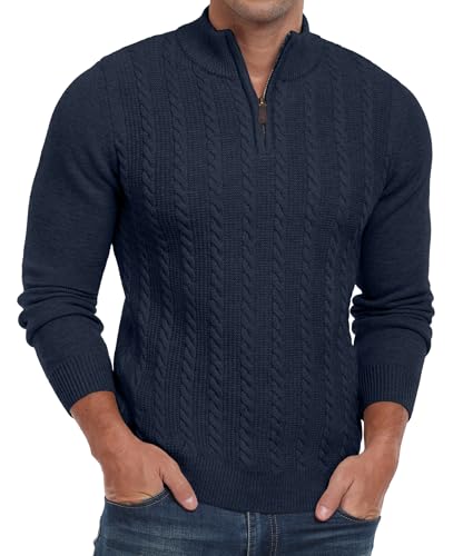 Hisir herr dragkedja jumper kabelstickad vinter rund hals tröja långärmad tröjor vardaglig tröja för män, marinblå, L