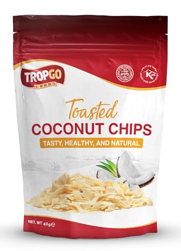 Tropgo Toasted Coconut Chips Lightly Sweetened Non-GMO Kosher Vegan-Friendly Toasted Coconut Flakes Plant-Based Source of Fibre with No Artificial Colours Flavours or Preservatives (40g)