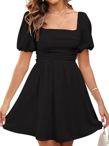 Image of Women Puff Sleeve Graduation Short Dress | Square Neck A Line Casual Sundress Beach Wedding Guest Mini Dress