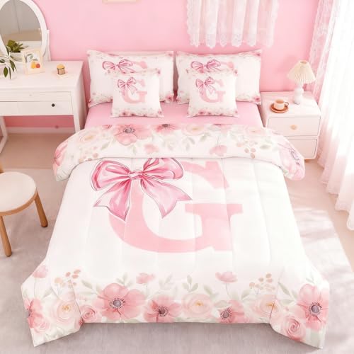Erosebridal Initial Letter G Bed in A Bag Pink Kawaii Bow Bedding Sets for Girls Twin Size, Colorful Flower Floral Comforter Set with Sheets Fresh Style Light Pink White Bed Set Bedroom Decor