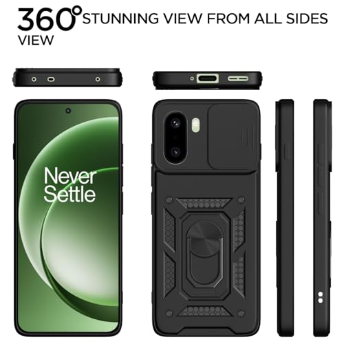 Image of Pikkme Back Cover for OnePlus 15R 5G | 360 Protection Case | Sliding Camera Shield Cover & Ring Holder Stand D10 Tough Armor Bumper Case (Black)