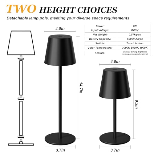 Image of Kakanuo Cordless Table Lamp Rechargeable Black - KK 2 Pack 5000mAH Battery Operated Lamp for Counter, 3 Color Stepless Dimming Wireless Lamp for Dining Kitchen, Outdoor Patio, Touch Control
