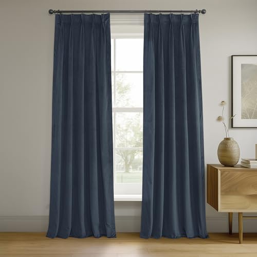 Image of HPD Half Price Drapes Velvet Blackout Curtains /Drapes - 96 Inches Long 1 Panel Blackout Curtain Signature Pleated for Living Room & Bedroom - 25W X 96L, Midnight Blue