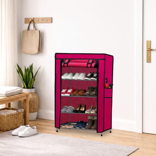 Image of Metal Shoe Stand with Cover, 4 Tier Shoe Organizer for Home & Office - Pink