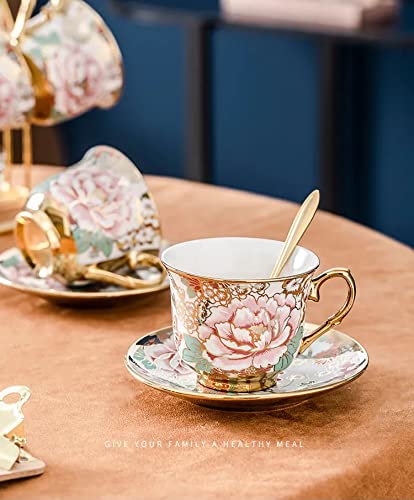 Nordic Royal Kaffeetassen Set - Keramik Teetasse Mit Untertasse & Goldenem Löffel Grün