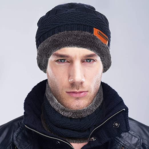 UNIQ WORLD WIDE Woolen Beanie/Skull Cap & Neck Warmer (Muffler) Combo for Winters with Faux Fur Inner Side | Warm Hat | Pack of 2 Set (Grey+Blue, Free Size) 3