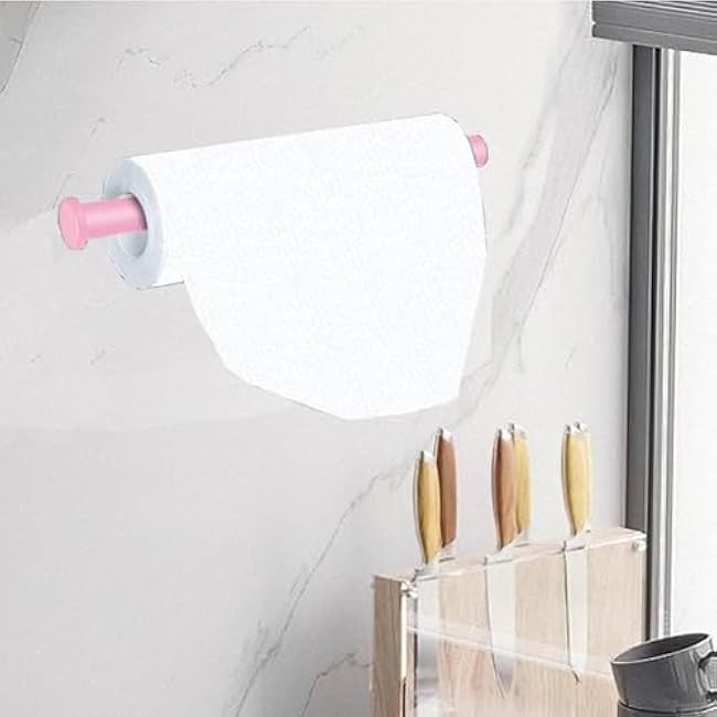 Pink Paper Towel Holder - Self Adhesive or Drilling, Under Cabinet or Wall Mounted