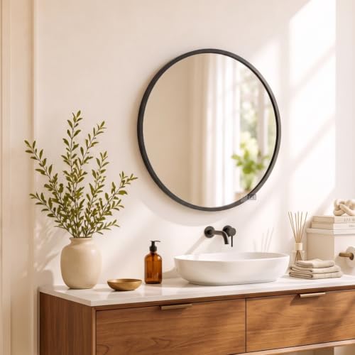 Image of Ali.G.I Round Wall Mirror, Modern Metal Framed Decorative Circle Vanity Mirror for Bathroom, Living Room, Bedroom & Entryway (Black 18 inch.)