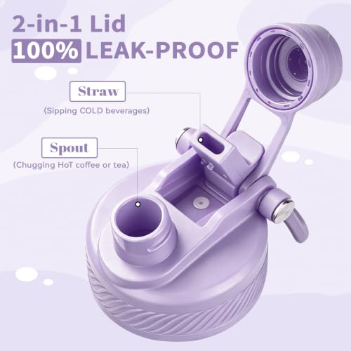 Image of 32 oz Insulated Water Bottle with Leak-proof 2-in-1 Straw and Spout Lid,Stainless Steel Sports Water Bottle with Handle,Double Wall Vacuum Metal Water Flask for Travel Camping School(Purple flower,1)