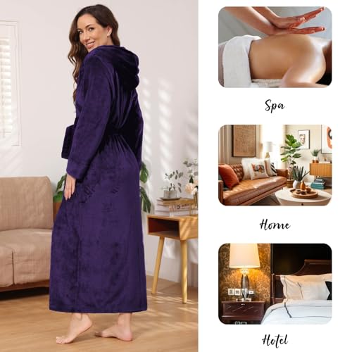 Image of Hellomamma Long Hooded Robe for Women Luxurious Flannel Fleece Full Length Bathrobe Winter Warm Pajamas Shower Nightgown