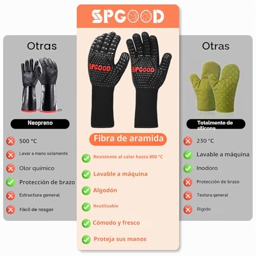 Miniatura 5 de Spgood Guantes Barbacoa Guantes Horno Altas Temperaturas Largos, Bbq Guantes Resistentes Al Calor Hasta 800 Para Cocina, Parrilla, Hornear, Microondas, Chimenea Negro L Xxl