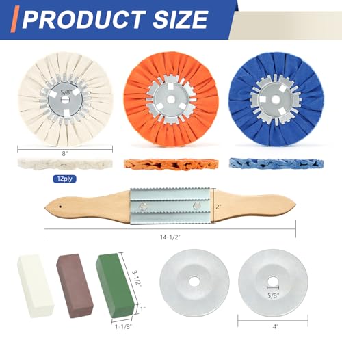 Image of 9 Pcs 8 inch Airway Buffing Wheel Kit for Angle Grinder, 3 Wheels, 3 Polishing Compounds, Buffing Rake & 1 Pair Safety Flanges, 5 /8 inch Arbor, for Aluminum Wheels, Tanks & Metal Mirror Polishing