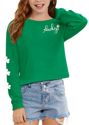 Image of Tween Girl St. Patrick's Irish Lucky Four Leaf Clover Crop Top Green White Long Sleeve Shirt 12 Years