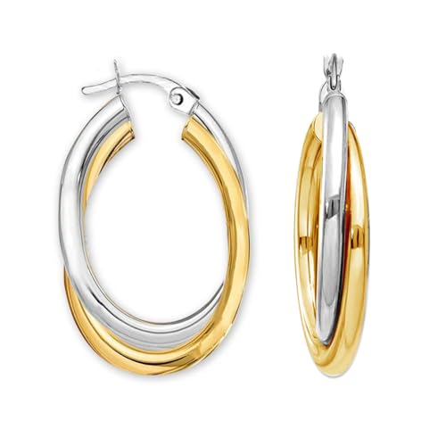 LeCalla 925 Sterling Silver Chunky Hoop Earrings | 14K Two-Tone Three-Tone Hoop Earrings | Intertwining Oval Shape Polished Twisted Hoop Earrings for Women