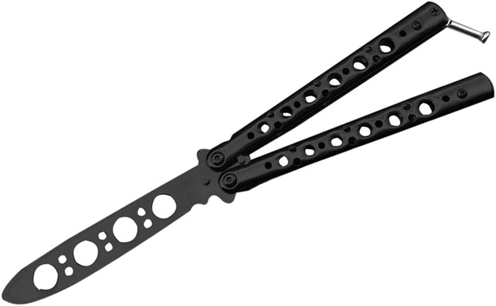 Practice Butterfly Knife Full Stainless Steel Black Skull Balisong Trainer, Unsharpened Butterfly Knife Comb for CS GO Training (Black)