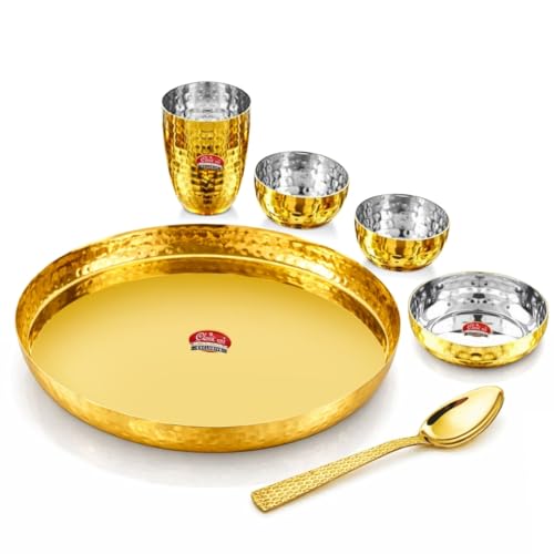 Image of Classic Steels Buffet Gold Hammered Stainless Steel Dinner Set (6 Pieces) | Premium Royal Thali Set with 1 Plate, 3 Bowls, 1 Glass, 1 Spoon | Heavy Gauge Food-Grade Diningware for Home & Gifting