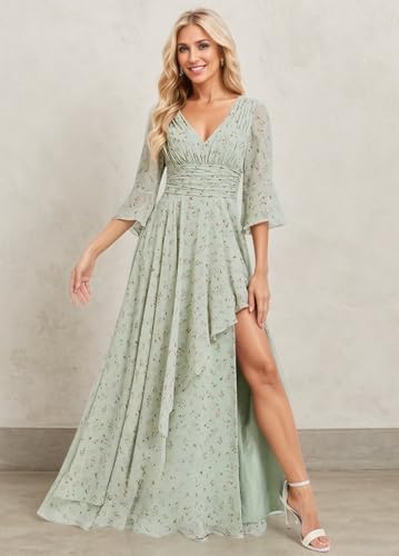 Half Sleeve Mother of The Bride Dresses for Women Long Chiffon Ruffles Elegant Formal Evening Gown with Slit4