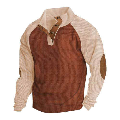 ADHOWBEW Mens Sweaters Casual Work Thermal Fall Winter Corduroy Vintage Stand Collar Button Casual Lightweight Sweatshirt