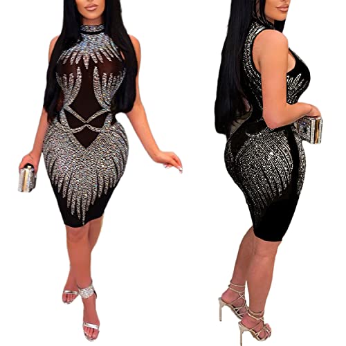 Image of PORRCEY Women's Sexy Rhinestone Lace Sheer Mesh Formal Evening Dress
