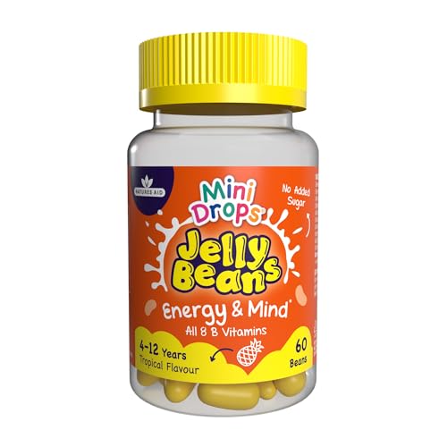Mini Drops Jelly Beans Energy & Mind - 8 B Vitamins including B12 to Support Energy, Mental and Reduce Tiredness - Tropical, No Added Sugar Gluten Free - 60 Beans for Children Ages 4-12 by Natures Aid
