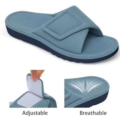 Image of shevalues Summer House Slippers for Women with Arch Support Breathable Waffle Cotton Indoor Slippers Slip on Open Toe Home Shoes