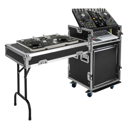 PA DJ Rack, 2-Tiers 12U PA Rack/Road Case Top DJ Tables with 4 Wheels Cabinet Network & Stereo Table Rack Free Standing