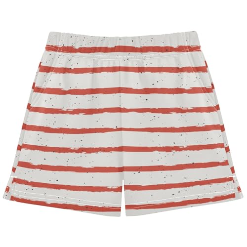 pnyoin Girl's Shorts Retro Red Stripes Athletic Running Shorts with Pockets Size 7-8t