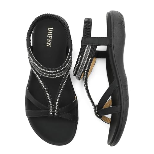 Image of UBFEN Womens Bohemian Flat Sandals With Back Strap Summer Beach Comfortable Bling