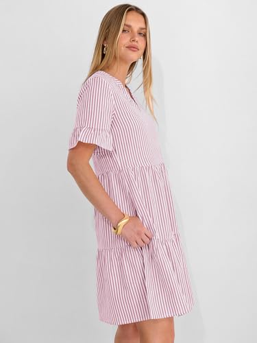 Image of Caracilia Dresses for Women Summer 2026 Striped V Neck Ruffle Sleeve A Line Tiered Flowy Casual Mini Beach Dress with Pockets