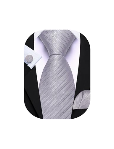 Image of Barry.Wang Solid Striped Tie for Men Silk Necktie Pocket Square Cufflinks Formal Wedding Party Business